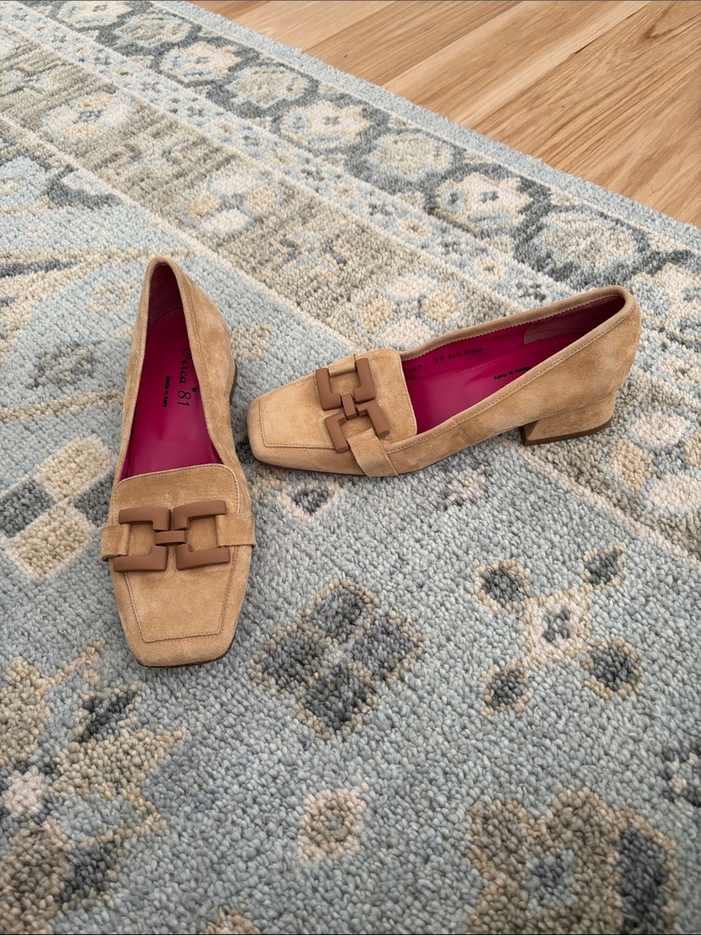 Ferca ‘81 Beige Suede Loafers with Decorative Buckle.